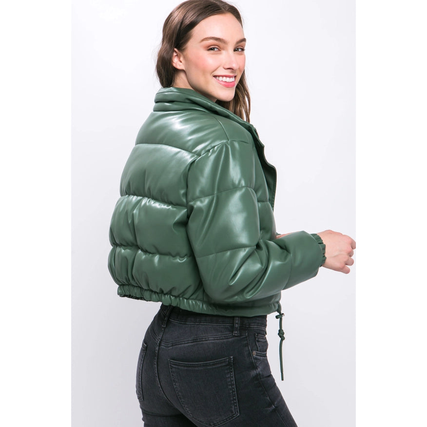 Faux Leather Puffer Jacket Green-Jacket-Faith Apparel-Urbanheer