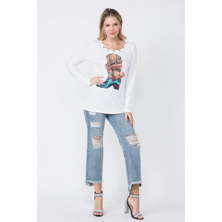 Western Style Long Sleeve Top with Eyelet Trim Off White-Top-Vocal-Urbanheer