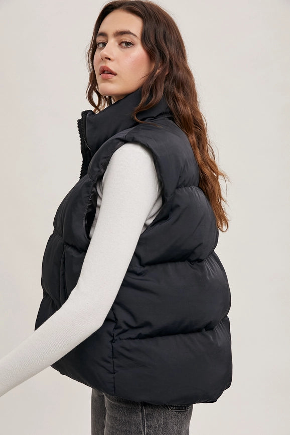 Zipper Front Puffer Vest Black