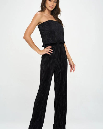 Made in USA Plisse Solid Strapless Straight Leg Jumpsuit-Jumpsuit-Renee C.-Urbanheer