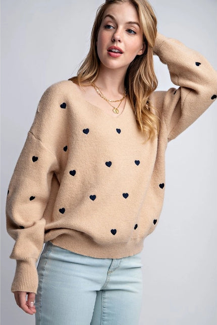 Plus Size Heart Pattern Boxy Knit Pullover Sweater Taupe-SWEATER-Pink Irene Wholesale-1X/2X-Urbanheer