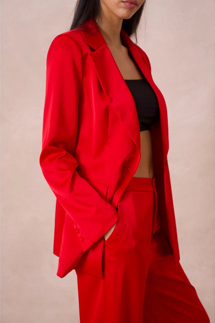 Satin Plain Fitted Jacket Red-Jacket-Attentif Paris-Urbanheer