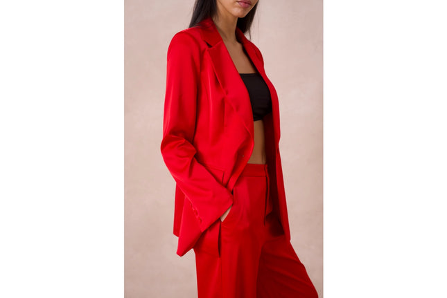 Satin Plain Fitted Jacket Red-Jacket-Attentif Paris-Urbanheer