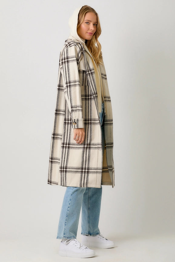 Twofer Hoodie Plaid Long Jacket Cream