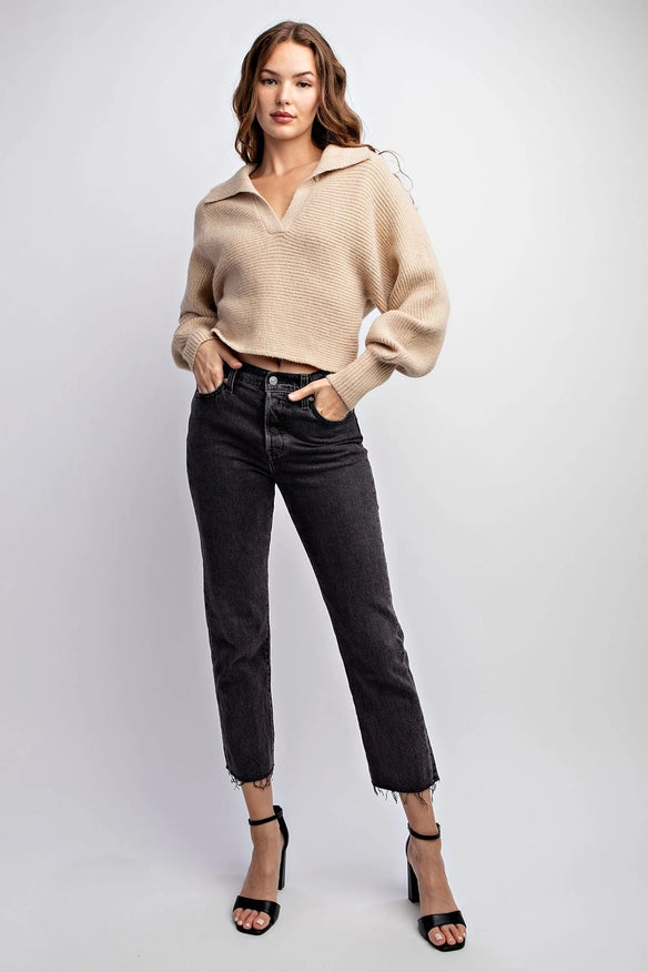 Long Dolman Sleeve Ribbed Crop Sweater Top Taupe-Sweater-EDIT by NINE-Urbanheer