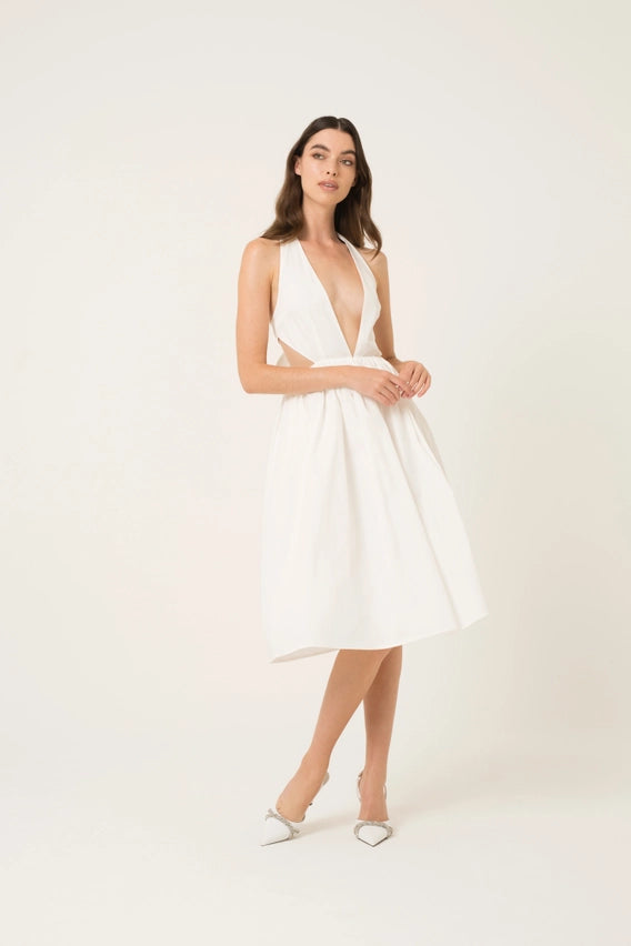 Marilyn Plunge Neck Cotton Halter Midi Dress-Dress-Amy Lynn-Urbanheer