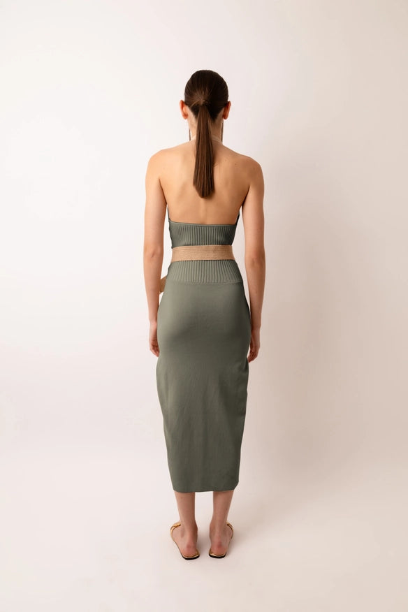 Marrakech Knit Fitted Halter Neck Midi Dress Green-Dress-Amy Lynn-Urbanheer