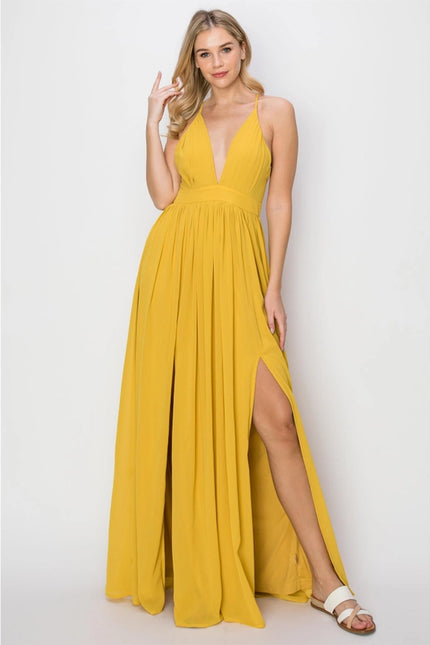 SLEEVELESS Double Strap Slit Maxi Dress YELLOW-Dress-HYFVE-Urbanheer