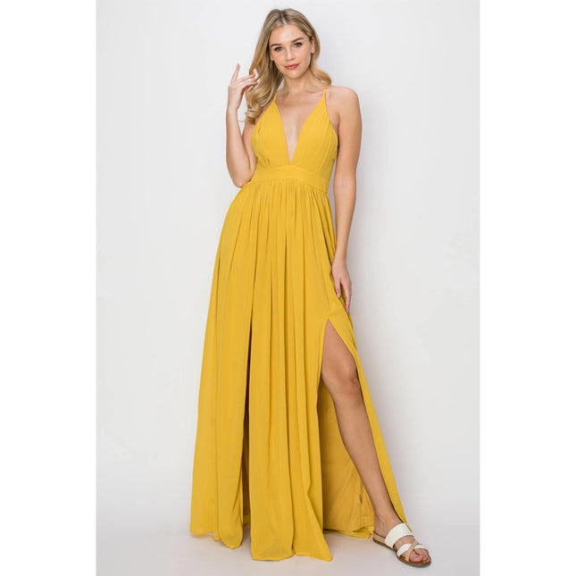 SLEEVELESS Double Strap Slit Maxi Dress YELLOW-Dress-HYFVE-Urbanheer