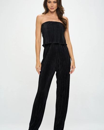 Made in USA Plisse Solid Strapless Straight Leg Jumpsuit-Jumpsuit-Renee C.-Small-Black-Urbanheer