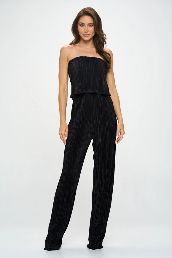 Made in USA Plisse Solid Strapless Straight Leg Jumpsuit-Jumpsuit-Renee C.-Small-Black-Urbanheer