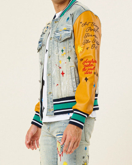 All Over Embroidered Varsity Denim Jacket-Jacket-First Row-Urbanheer