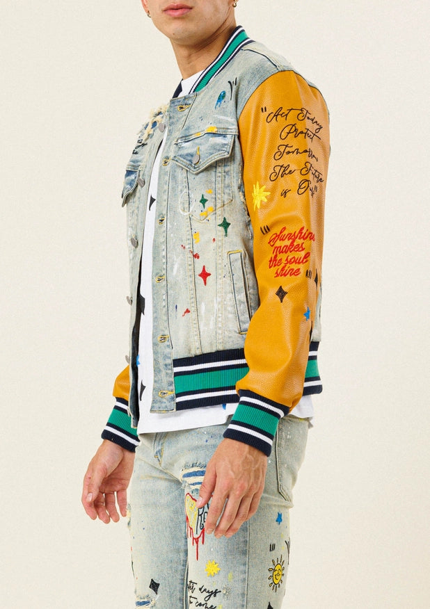 All Over Embroidered Varsity Denim Jacket-Jacket-First Row-Urbanheer