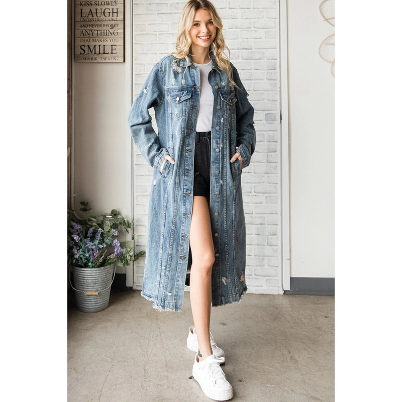 Long Sleeve Destroyed Denim Long Jacket-Jacket-Pink Irene Wholesale-Urbanheer