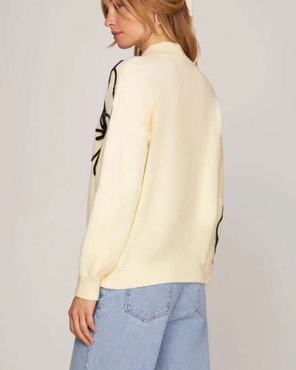 Sweater Top with Flower Embellishments CREAM