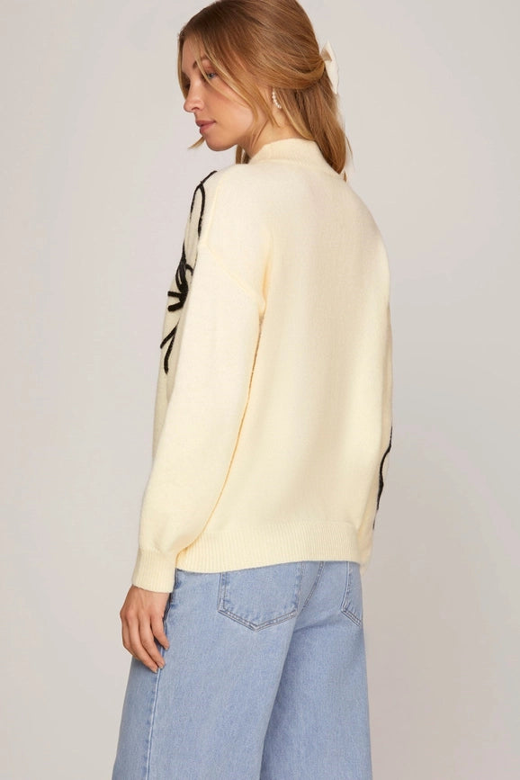 Sweater Top with Flower Embellishments CREAM