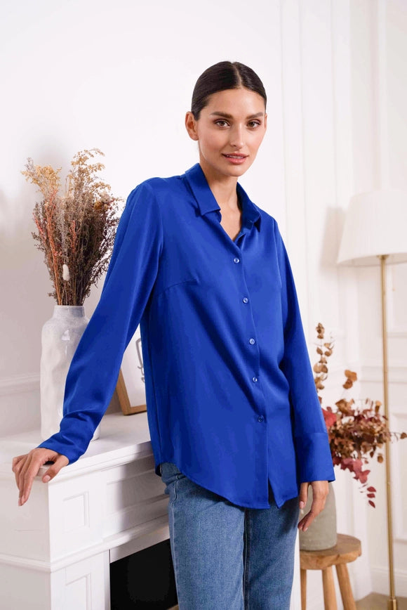 Plain Satin Shirt with Lapel Collar Royal Blue-SHIRT-Attentif Paris-Urbanheer