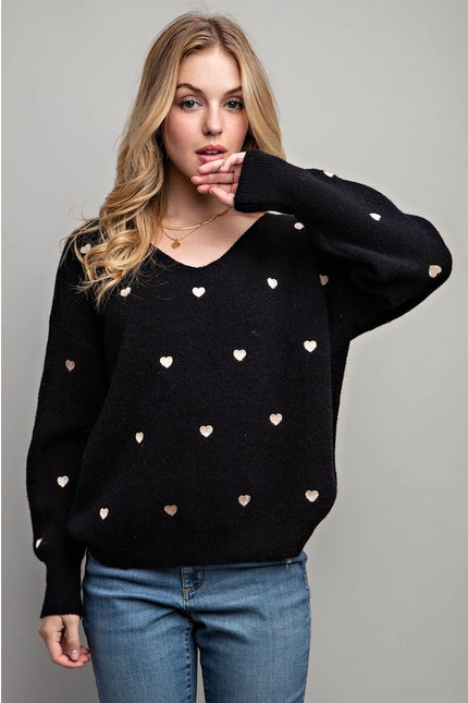 Plus Size Heart Pattern Boxy Knit Pullover Sweater Black-SWEATER-Pink Irene Wholesale-1X/2X-Urbanheer