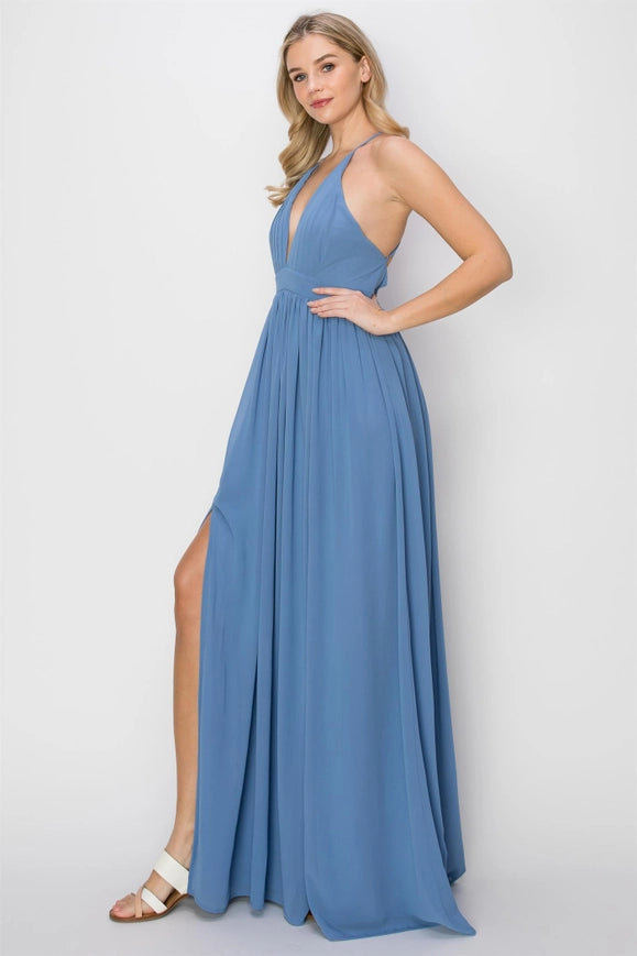 SLEEVELESS Double Strap Slit Maxi Dress BLUE-Dress-HYFVE-M-Urbanheer