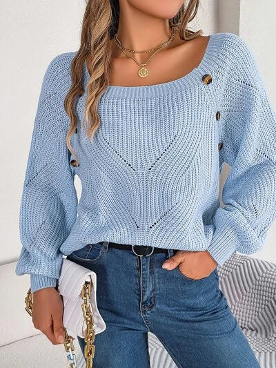 Openwork Buttoned Square Neck Sweater Misty Blue-Sweater-Blak Wardrob-S-Urbanheer