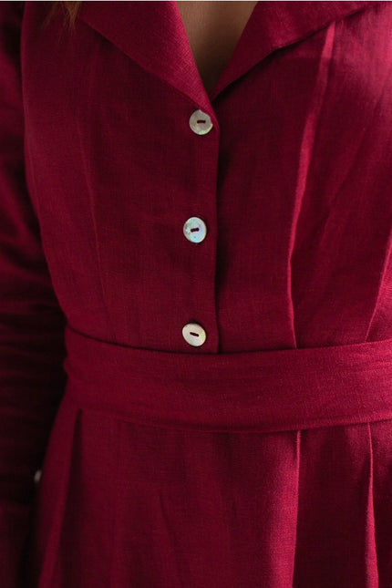 Burgundy Red Linen Dress Maxi With Front Buttons And Collar-Dress-Nich Linen-Urbanheer