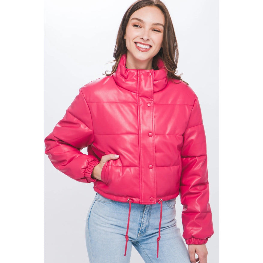 Faux Leather Puffer Jacket Fuchsia-Jacket-Faith Apparel-S-Urbanheer