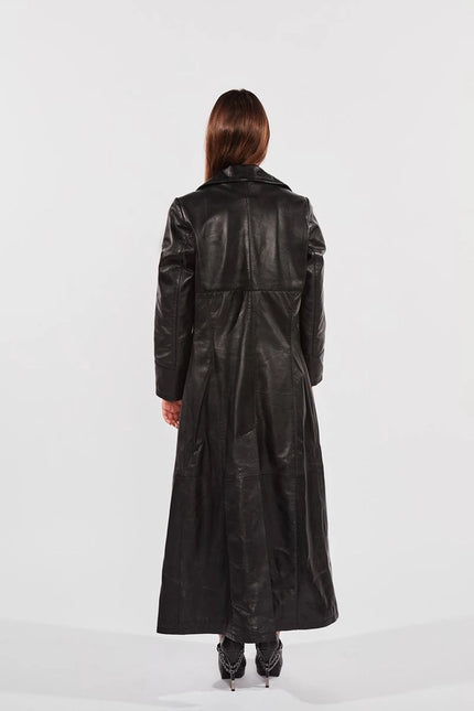 Ladies 3 Button Matrix Black Long Leather Coat-COAT-Fadcloset-Urbanheer