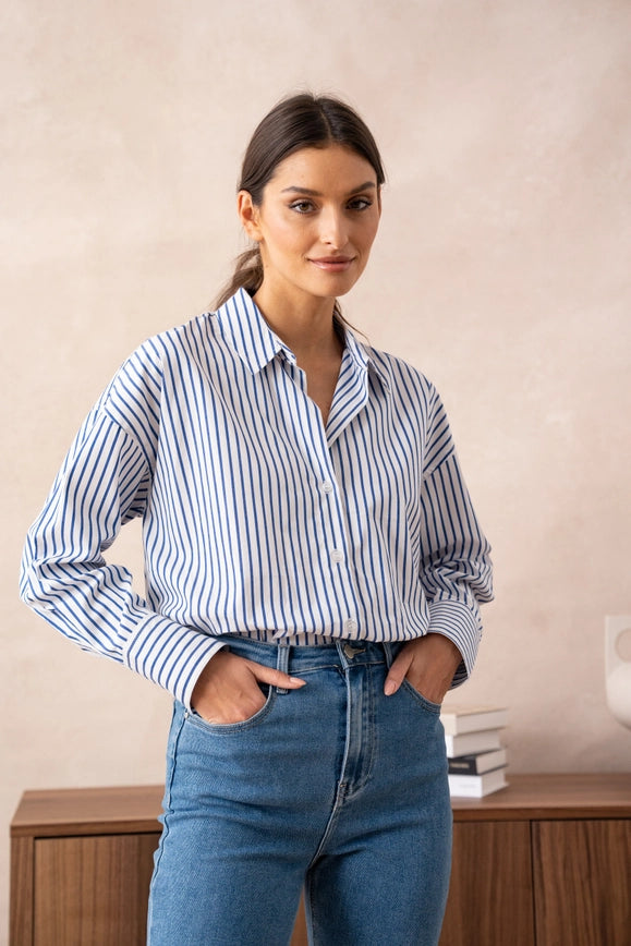 Striped Cotton Shirt with Lapel Collar Navy Blue-SHIRT-Attentif Paris-S-Urbanheer