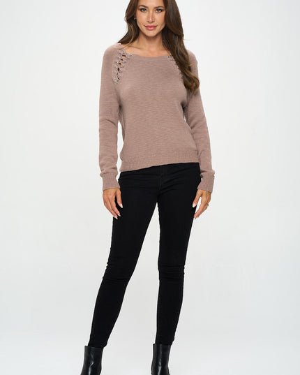 Round Neck Long Sleeve Sweater With Braid Detail-Renee C.-Urbanheer