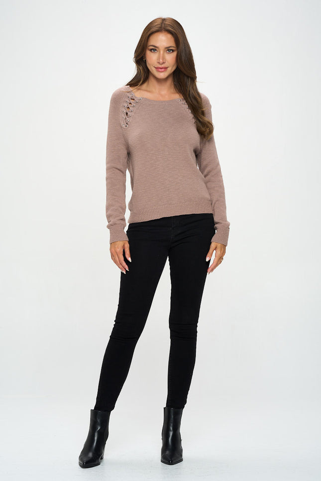 Round Neck Long Sleeve Sweater With Braid Detail-Renee C.-Urbanheer