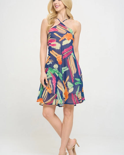 Print Halter Neck Swing Dress Navy-Dress-Renee C.-Urbanheer