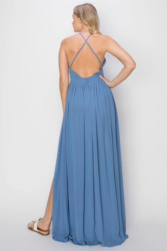 SLEEVELESS Double Strap Slit Maxi Dress BLUE-Dress-HYFVE-Urbanheer