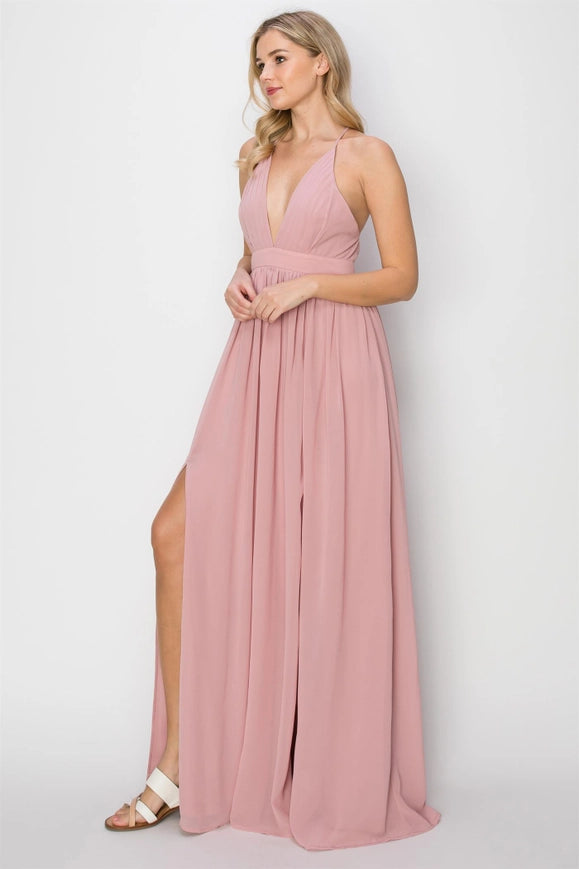 SLEEVELESS Double Strap Slit Maxi Dress PINK-Dress-HYFVE-Urbanheer