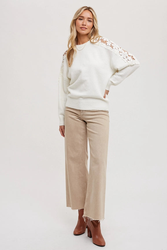 Crochet Contrast Knit Sweater Pullover IVORY