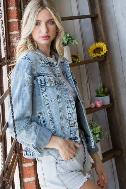 Veveret Distressed Button Up Denim Jacket-UHX-Urbanheer