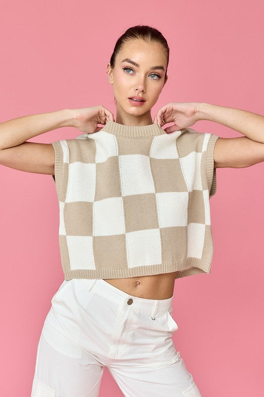 Hannah Loose Fit Checker Knit Top Taupe-TOP-Papermoon-Urbanheer