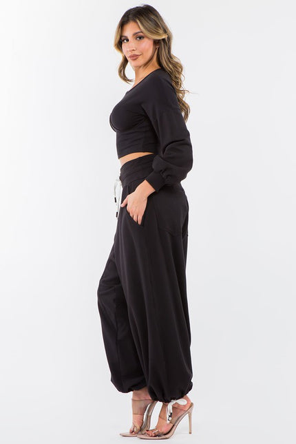 High Waisted Baggy French Terry Pants Black-Pants-LABIJOU-S-Urbanheer