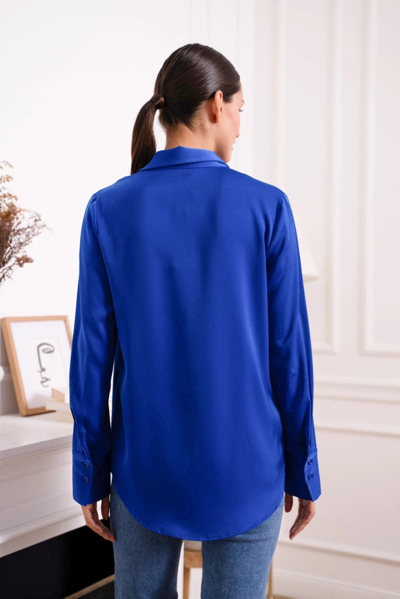 Plain Satin Shirt with Lapel Collar Royal Blue-SHIRT-Attentif Paris-Urbanheer