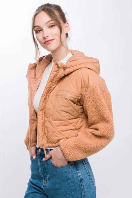 Diagonal Quilt Cropped Sherpa Arm Zip Up Jacket-Jacket-Pink Irene Wholesale-Urbanheer