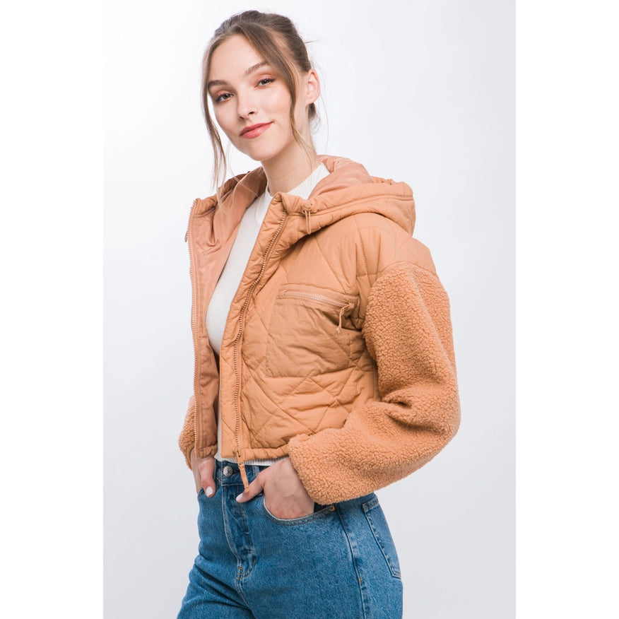 Diagonal Quilt Cropped Sherpa Arm Zip Up Jacket-Jacket-Pink Irene Wholesale-Urbanheer