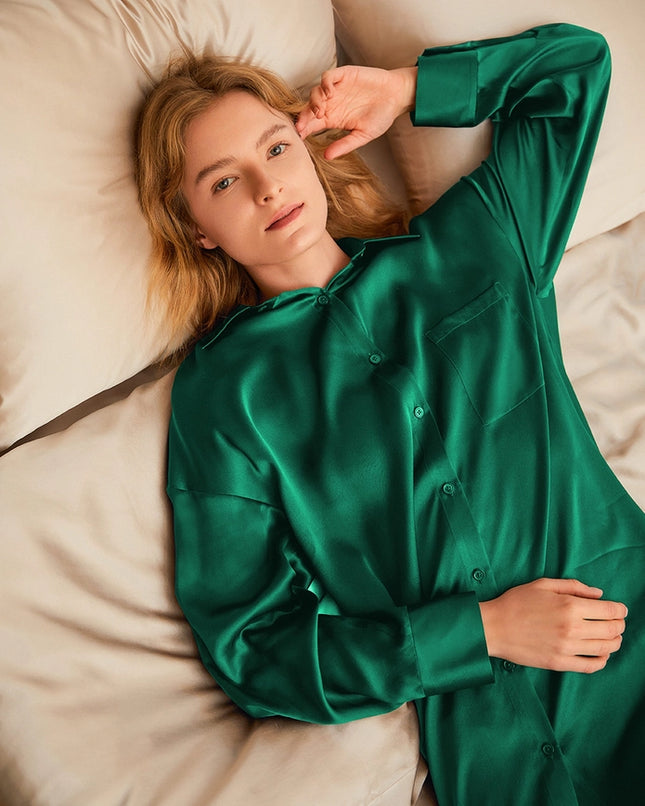 Classic Silk Nightshirt Emerald Green-Nightshirt-MommeSilk-Urbanheer