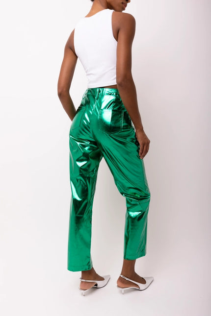 Lupe Straight Faux Leather Metallic Pants FOREST GREEN-Pants-Amy Lynn-Urbanheer