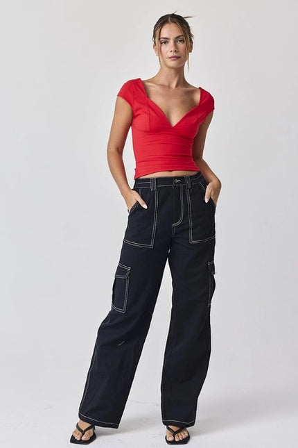 Alina Slim Fit V-Neck Top Red-TOP-Papermoon-Urbanheer