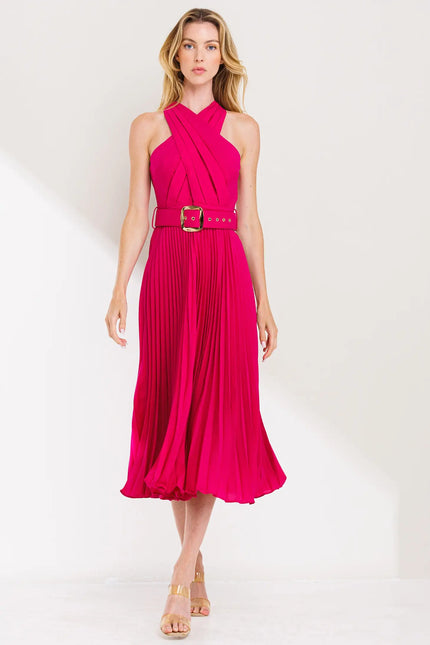 Cross Over Pleats Midi Dress- Fuchsia-Clothing - Women-Neon Blush-S-Fuchsia-Urbanheer