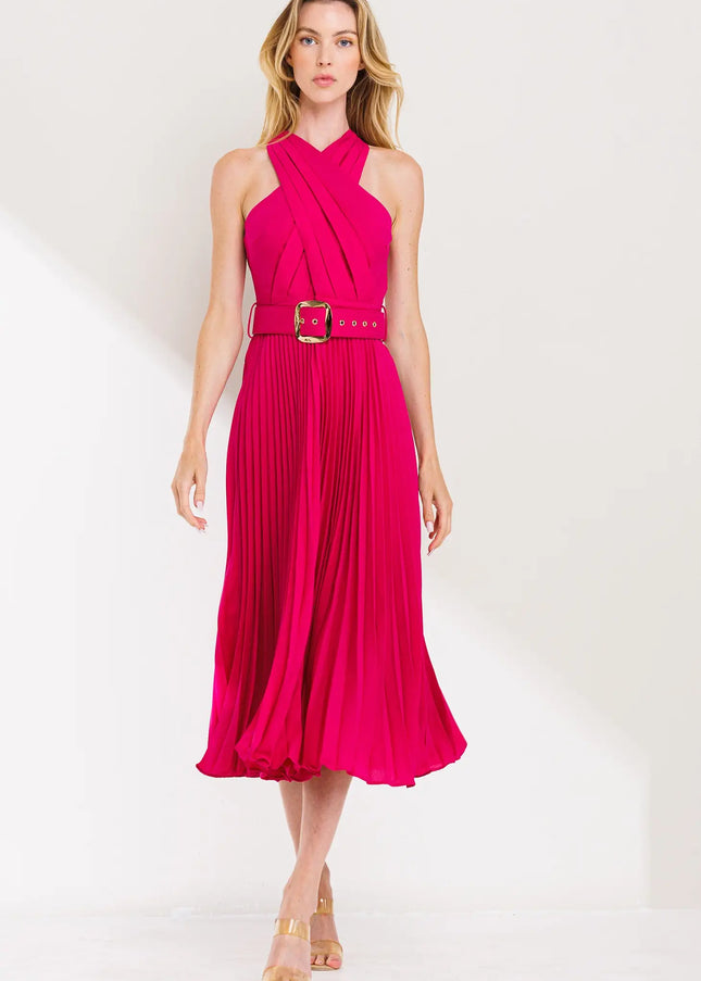 Cross Over Pleats Midi Dress- Fuchsia-Clothing - Women-Neon Blush-S-Fuchsia-Urbanheer