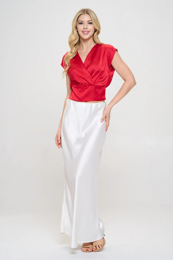 Solid Satin V Neck Crop Top W Smock Back Detail Red-TOP-Renee C.-Urbanheer