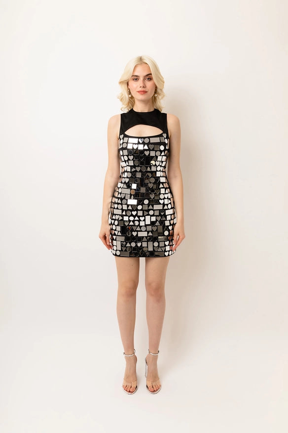 Geo Disc Embellishment Stretch Satin Mini Dress-Dress-Amy Lynn-Urbanheer