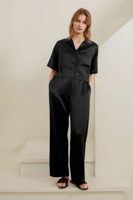 Short Sleeve Silk Pajamas Black-Pajamas-MommeSilk-Urbanheer