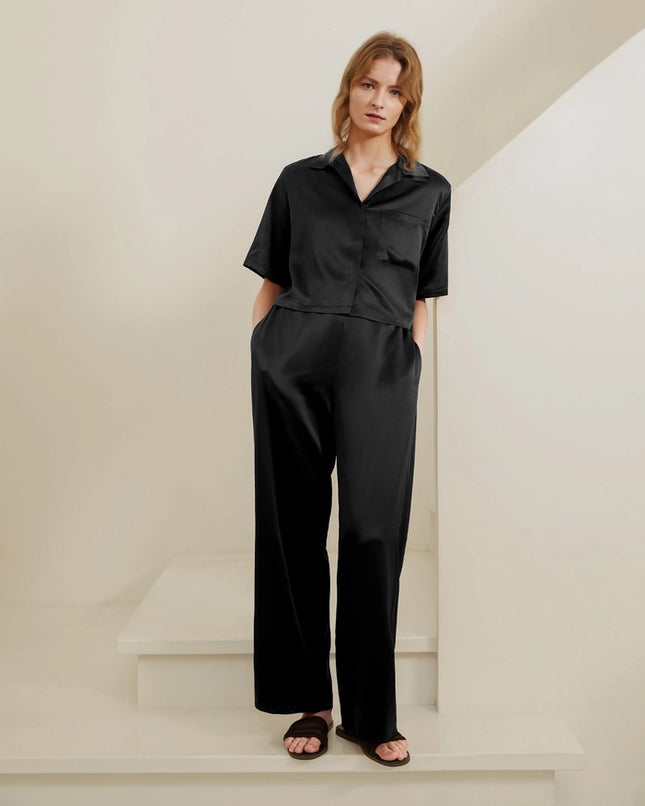 Short Sleeve Silk Pajamas Black-Pajamas-MommeSilk-Urbanheer