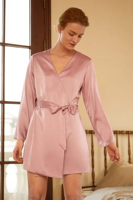 Loose Collarless Silk Rosy Pink-Robe-MommeSilk-Urbanheer